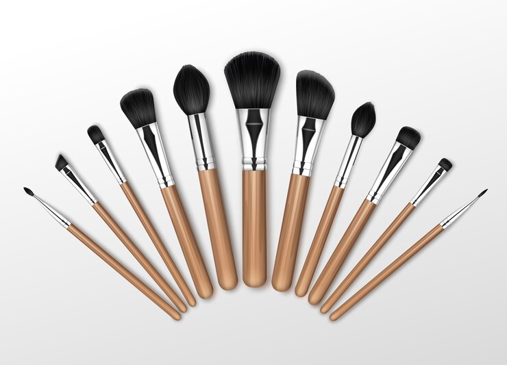 Vetor conjunto de pincéis de sombra profissional para maquiagem profissional em pó para blush preto com cabo de madeira isolado