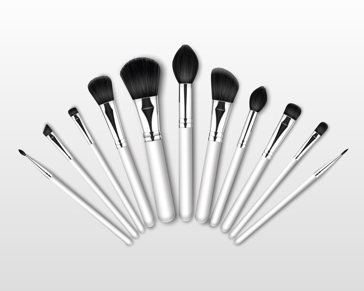 Vetor conjunto de pincéis de sombra profissional para maquiagem profissional em pó para blush preto e alças brancas