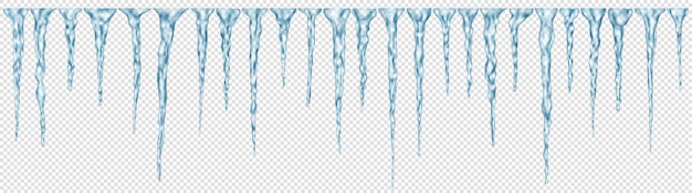 Conjunto de pingentes de gelo realistas em azul claro translúcido de comprimentos diferentes em transparente