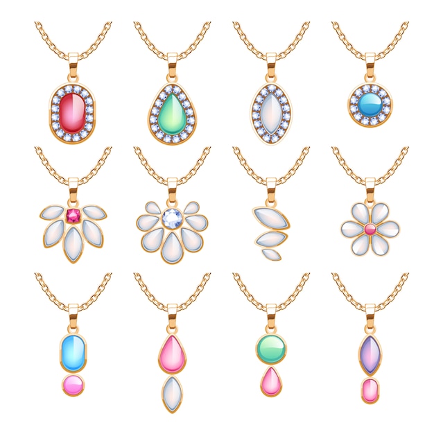 Conjunto de pingentes de joias. Correntes de ouro com pedras preciosas. Colares preciosos com diamantes, pérolas e rubis. ilustração. Bom para joalheria.
