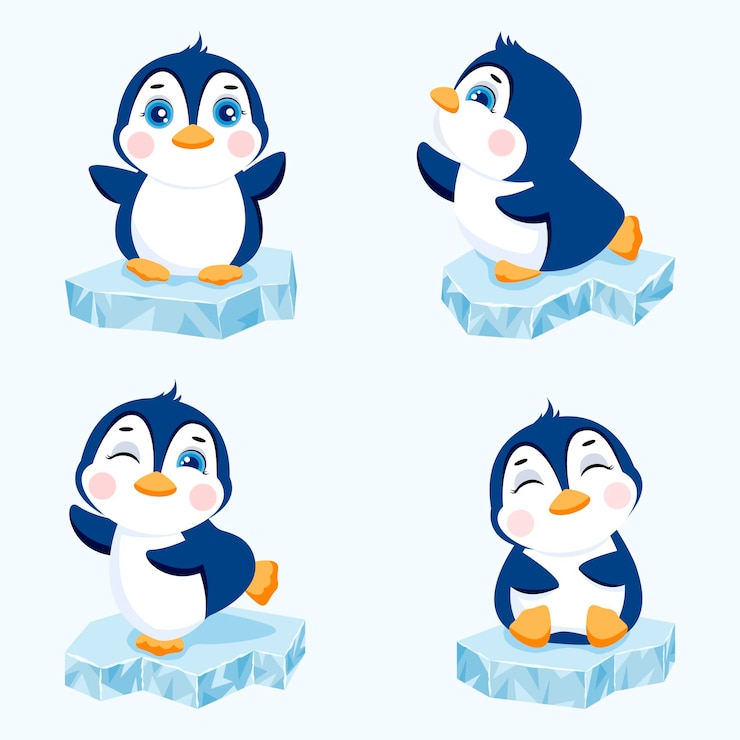 Vetor conjunto de pinguins fofos no bloco de gelo