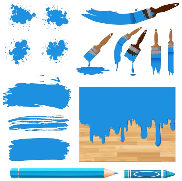 Conjunto de pintura em aquarela em azul com equipamentos
