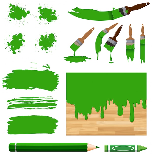 Vetor conjunto de pintura em aquarela em verde com equipamentos