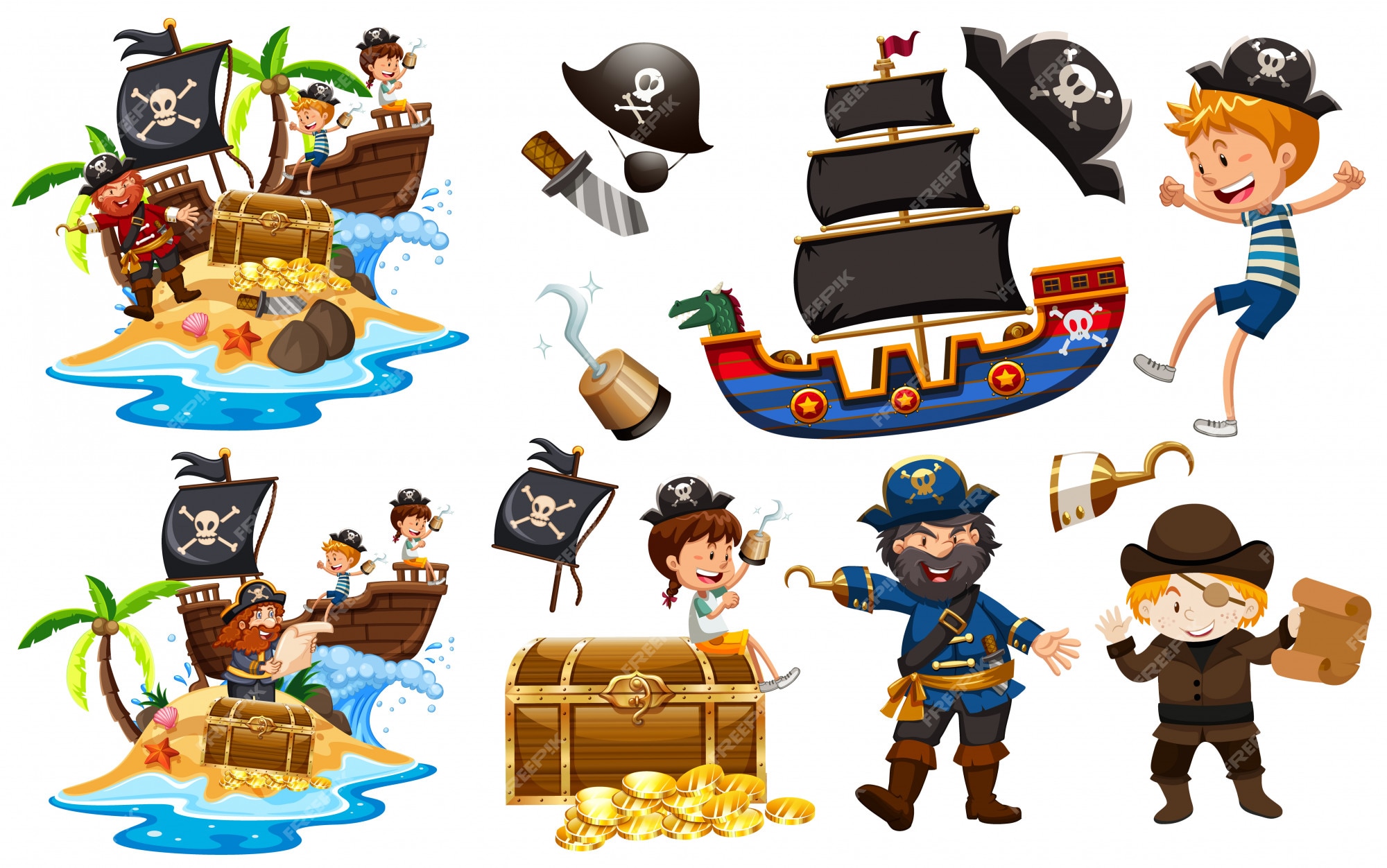 Conjunto de piratas com navio e ouro