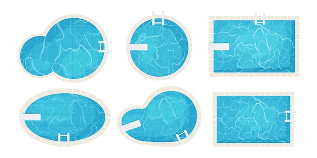 Conjunto de piscinas de diferentes formas, vista superior em estilo cartoon