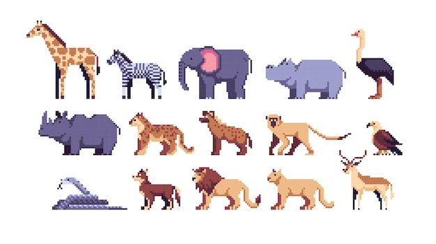 Vetor conjunto de pixel art de animais africanos. coleção de vida selvagem de safári. espécies de savana.