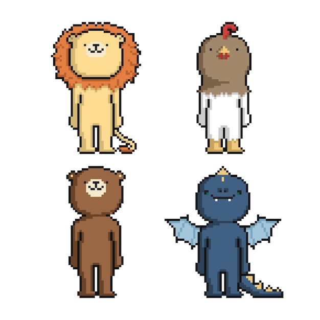 Vetor conjunto de pixel art de animais engraçados de desenho animado em um fundo branco