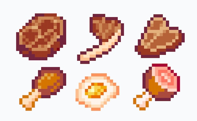 Conjunto de pixel art de carne cozida bifes de carne de porco perna de frango ovos mexidos coleção de presunto 8 bits