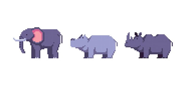 Vetor conjunto de pixel art de elefante, hipopótamo e rinoceronte. fauna africana. grande coleção de espécies.