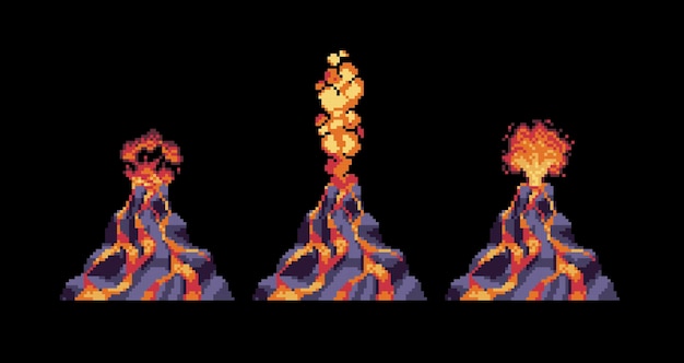 Conjunto de pixel art de estágios de erupção vulcânica. lava fluindo, fumaça rodopiante, coleção de montanhas negras.