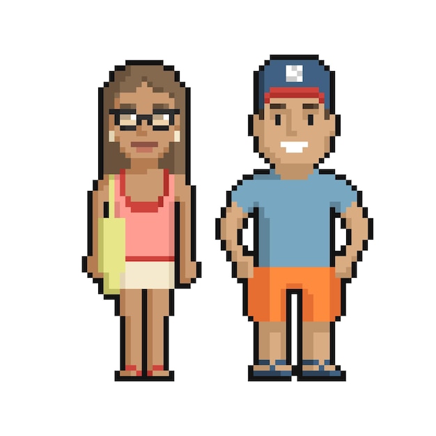 Vetor conjunto de pixel art de lindo menino e menina na praia no verão em um fundo branco