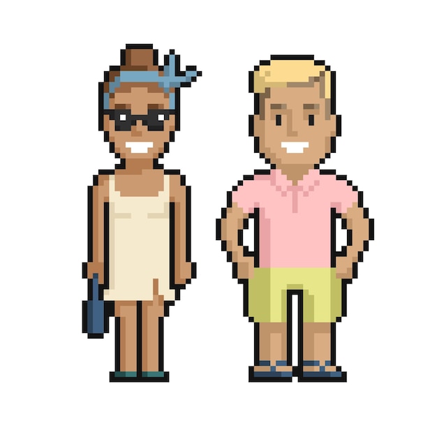 Conjunto de pixel art de lindo menino e menina no verão em um fundo branco