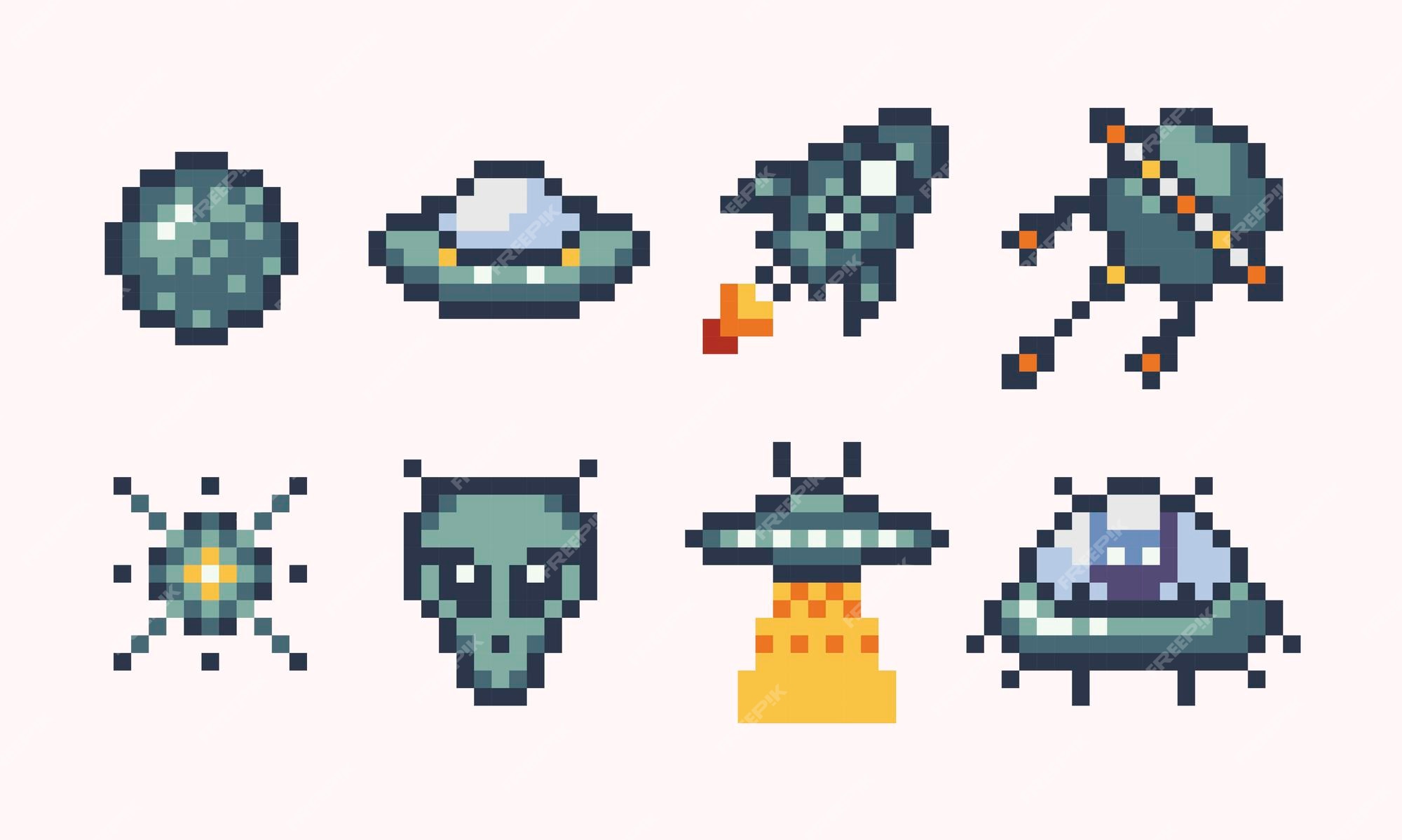 Conjunto De Elementos De Pixel Art Para O Jogo De Guerra Espacial. Planetas  De Pixel, Naves Espaciais, Alienígenas, Astronauta, Fogo Etc. Ilustração  Vetorial Para Jogos Em Estilo Retro. Royalty Free SVG, Cliparts