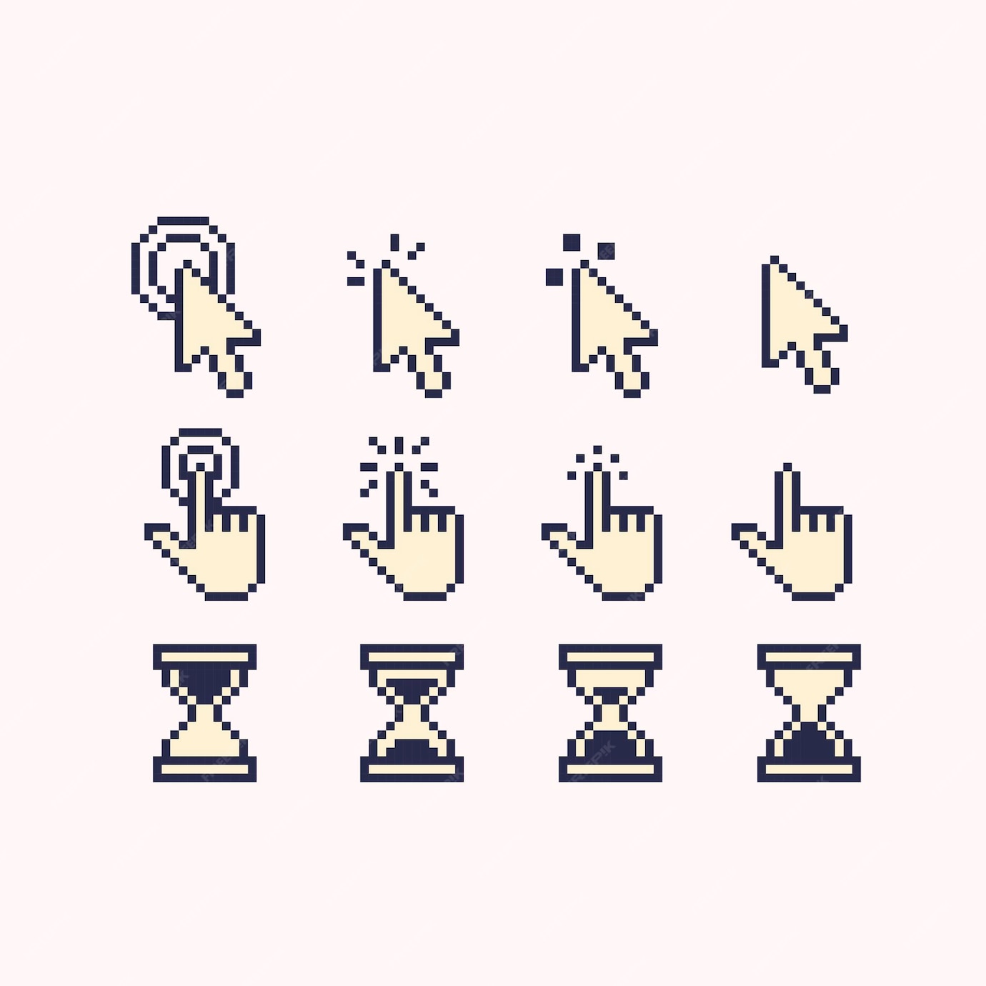 Conjunto de pixel art de seta, mão e ampulheta. Coleção de cursores