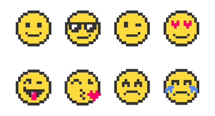 conjunto de pixel art vetorial emoticon para mídias sociais