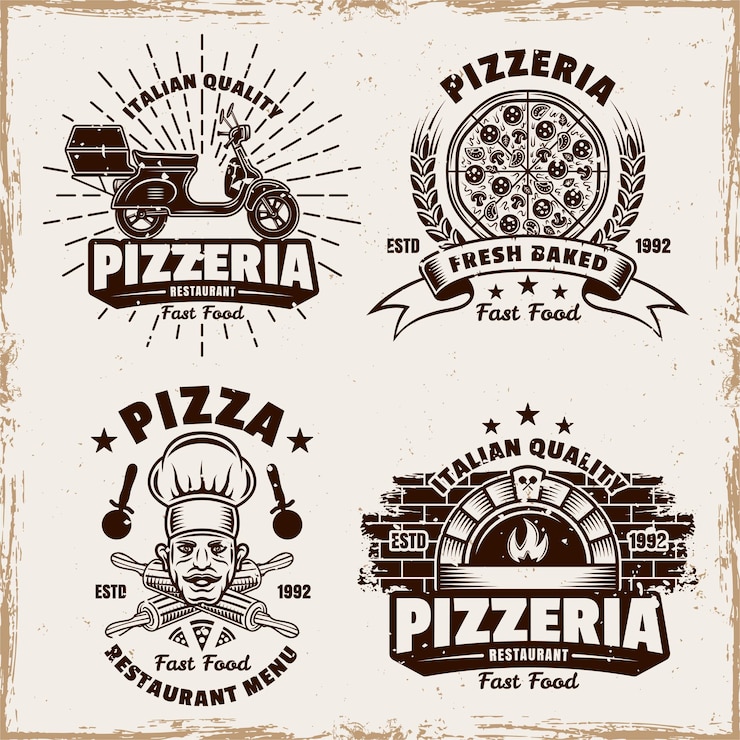 Vetor conjunto de pizzaria de emblemas vetoriais emblemas rótulos ou logotipos em estilo vintage em fundo com texturas grunge removíveis