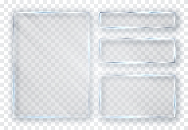 Vetor conjunto de placas de vidro. banners de vidro em fundo transparente. vidro plano.