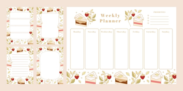 Conjunto de planejador semanal, lista de tarefas diárias, modelos de bloco de notas, calendário escolar com bolo desenhado à mão, florais e elementos de morango