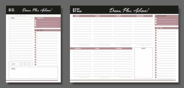Conjunto de planejadores. modelo de planejador diário e semanal. página do caderno em branco isolada em cinza. página do organizador de negócios. folha de papel.