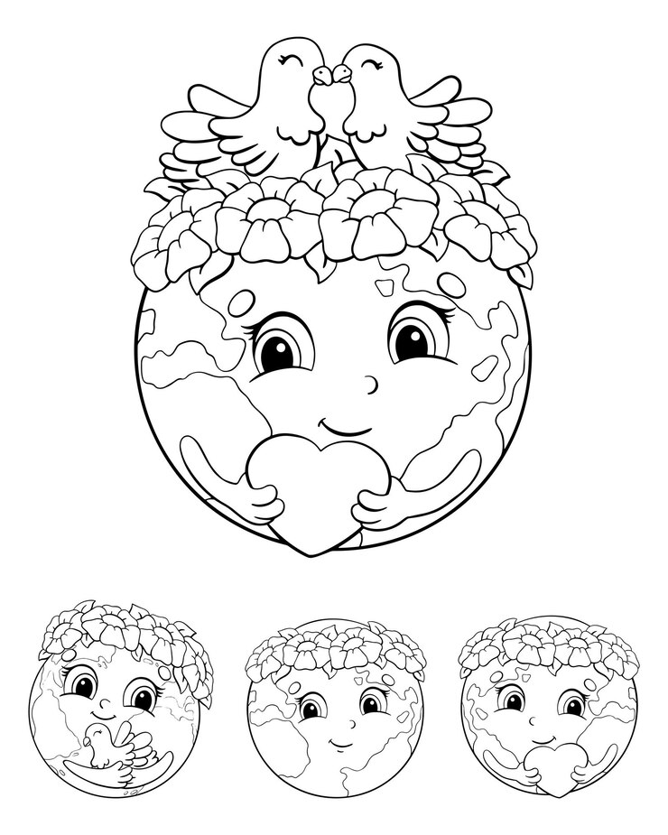 Conjunto de planetas bonitos para o Dia da Terra Página de livro de colorir para crianças Personagem de estilo de desenho animado Ilustração vetorial isolada em fundo branco