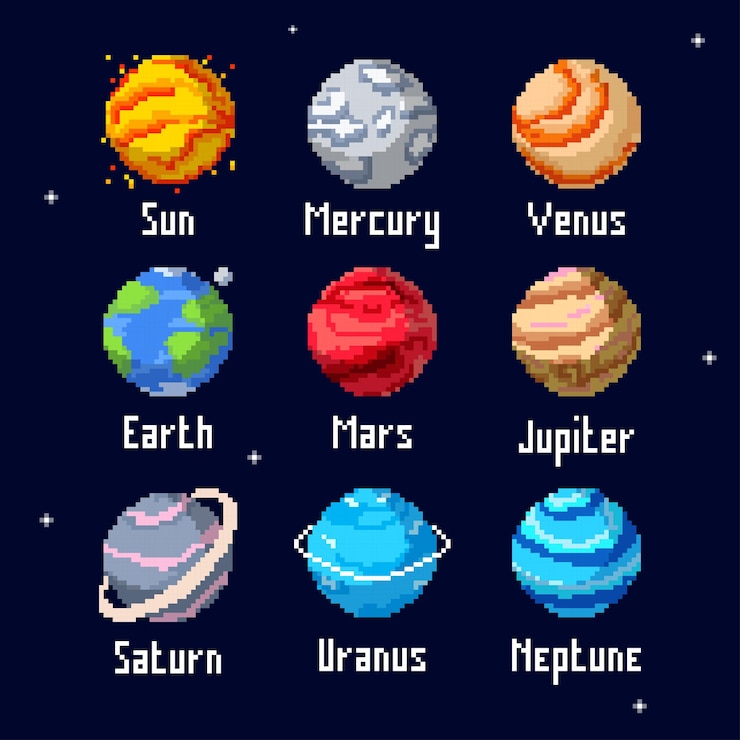 Vetor conjunto de planetas de pixel, sistema solar de pixel art.