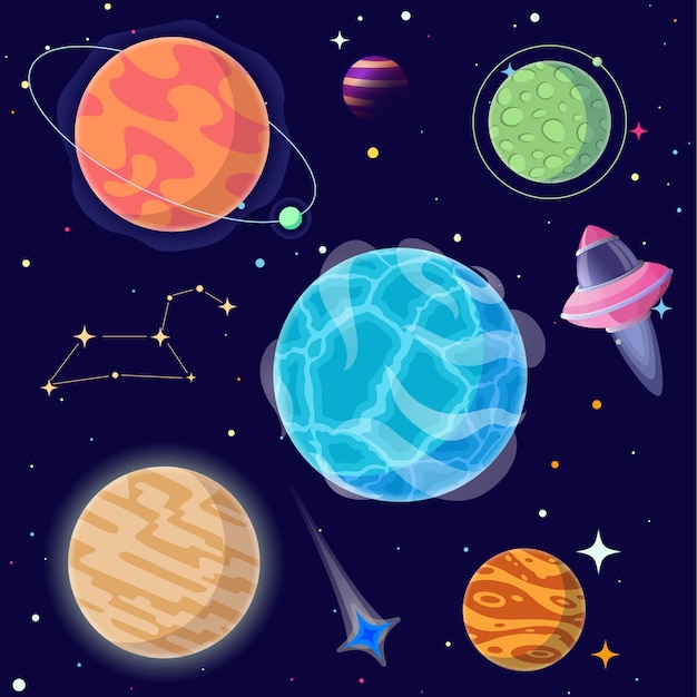 Conjunto de planetas dos desenhos animados e elementos do espaço.