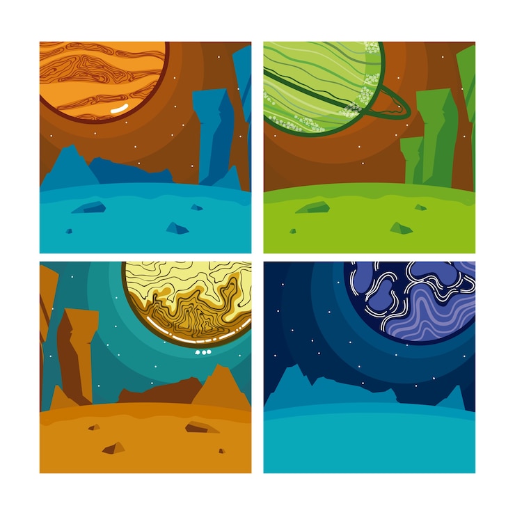Vetor conjunto de planetas milkyway em quadros coloridos quadrados