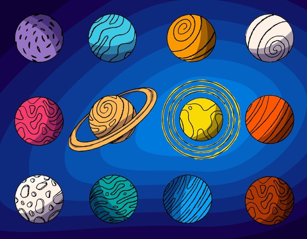 Conjunto de planetas no espaço design simples desenhado com uma ilustração vetorial de pincel para crianças