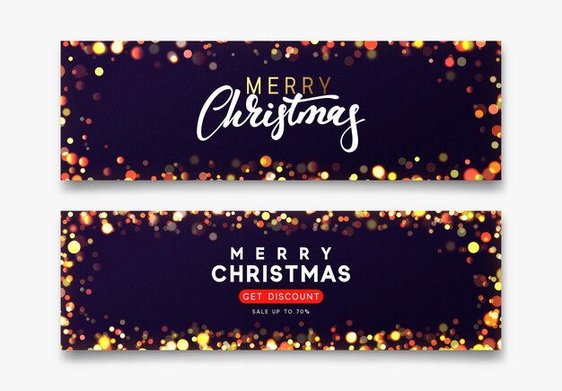 Conjunto de planos de fundo horizontais com efeito bokeh de desfoque. banner de natal, pôster, cabeçalho para site da web. cenário de natal roxo escuro. feliz natal e feliz ano novo caligrafia de texto manuscrito.