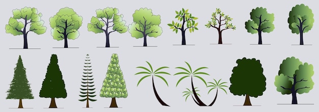 Conjunto de plantas, árvores e silhuetas de floresta.