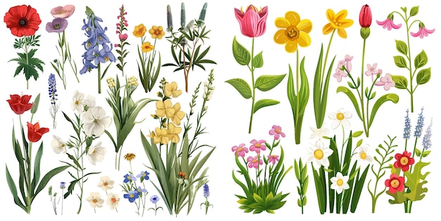 Vetor conjunto de plantas de flores silvestres de primavera e verão