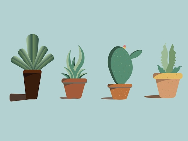Conjunto de plantas decorativas em vasos isolados em fundo pastel.