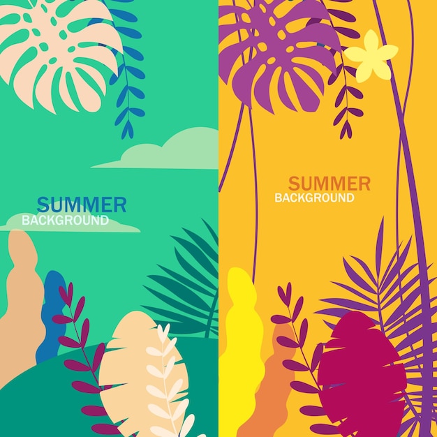 Conjunto de plantas exóticas florais de fundos de verão deixa banners cartazes cobrem modelos de design