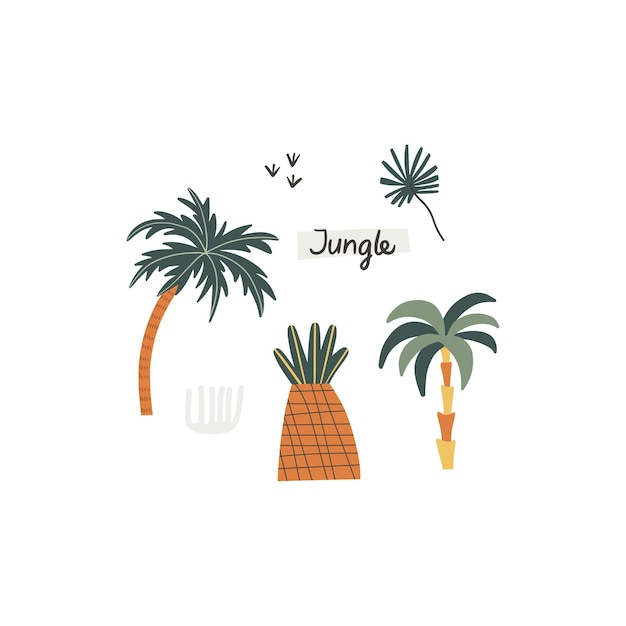 Conjunto de plantas tropicais da selva vetorial desenhando em estilo desenhado à mão ilustração vetorial isolada no fundo branco composição para design infantil cartaz de cartão