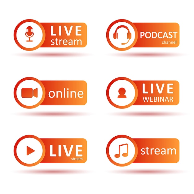 Conjunto de podcast ou logotipo de rádio. Ícones de gradiente e botões de transmissão.