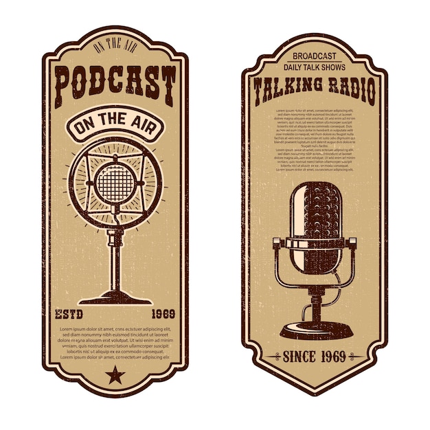 Conjunto de podcast vintage, panfletos de rádio com microfone