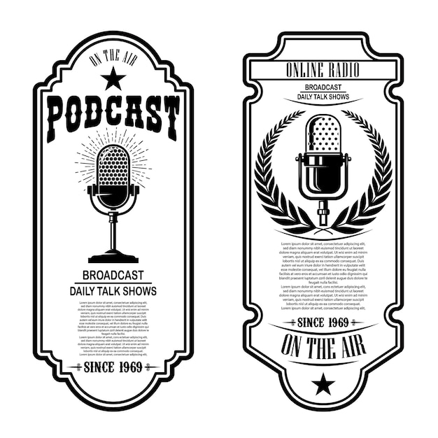 Conjunto de podcast vintage, panfletos de rádio com microfone