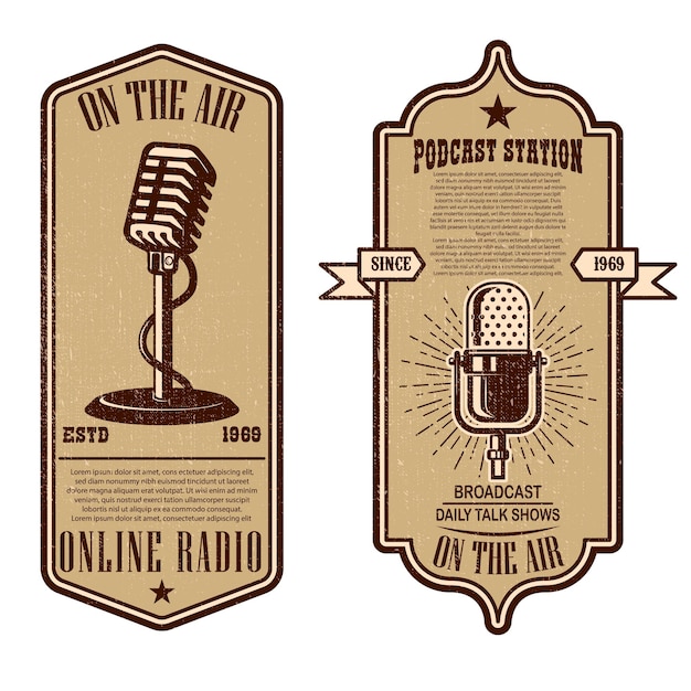 Conjunto de podcast vintage, panfletos de rádio com microfone