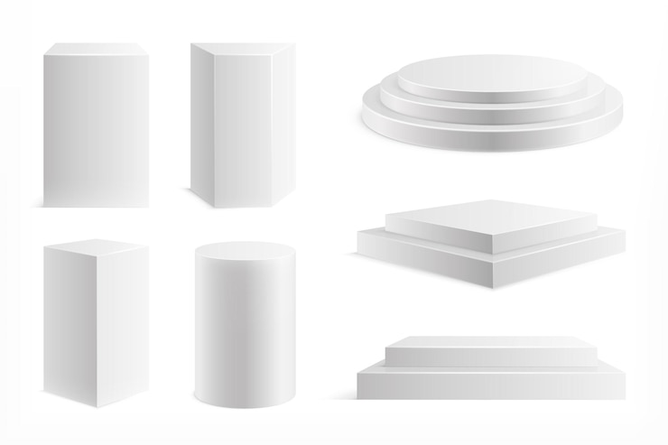 Vetor conjunto de pódios realistas. pedestal de showroom de forma quadrada.