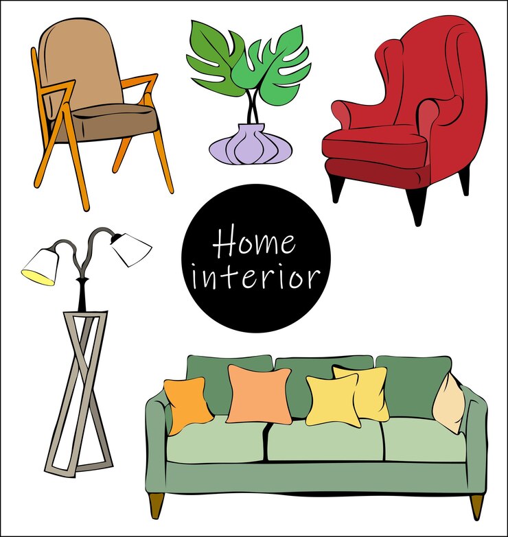 Vetor conjunto de poltronas estofadas e itens de interior para casa em estilo escandinavo ou hygge