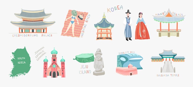Conjunto de pontos turísticos de ilustração vetorial doodle da coleção de viagens da Coreia do Sul
