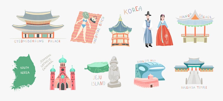 Vetor conjunto de pontos turísticos de ilustração vetorial doodle da coleção de viagens da coreia do sul