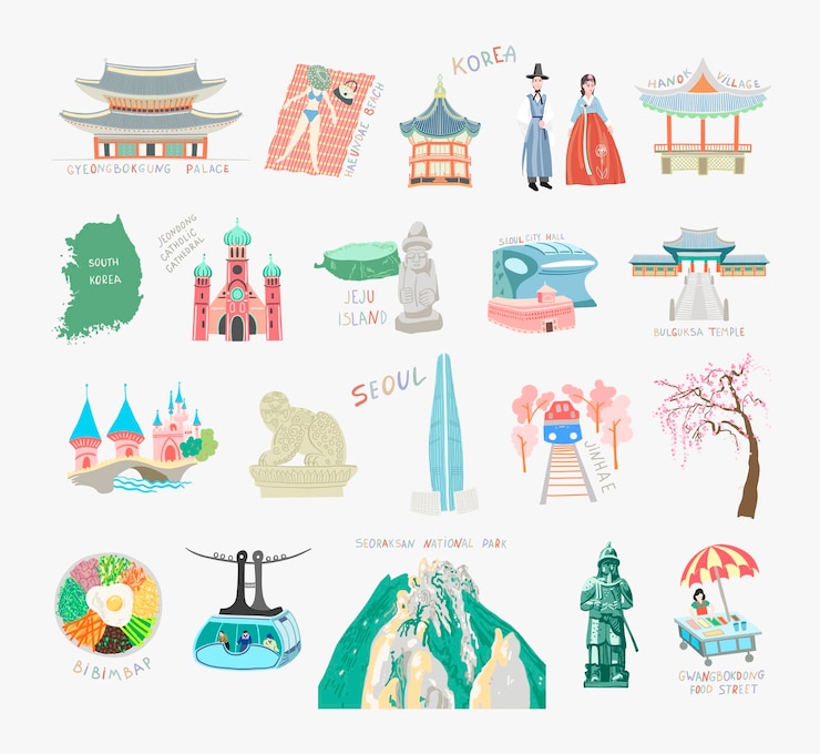 Vetor conjunto de pontos turísticos de ilustração vetorial plana doodle da coreia do sul para cartão de viagem
