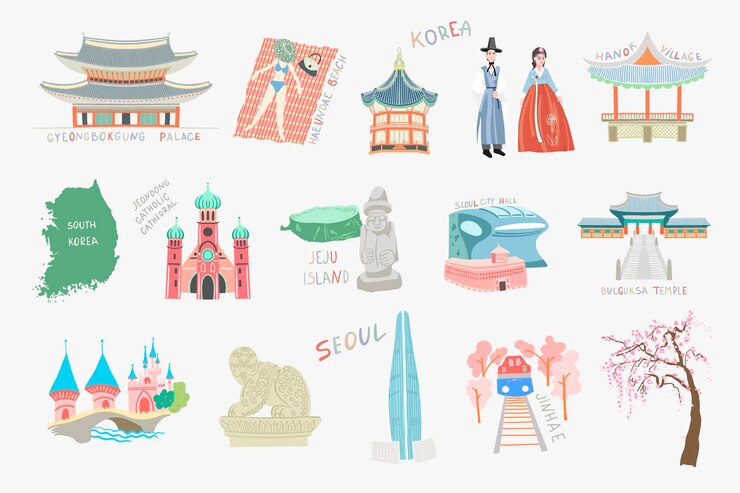 Vetor conjunto de pontos turísticos e atrações de ilustração vetorial plana doodle da coreia do sul