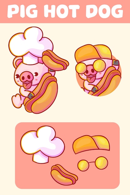 conjunto de porco chef bonito com logotipo do mascote de cachorro-quente com aparência opcional.