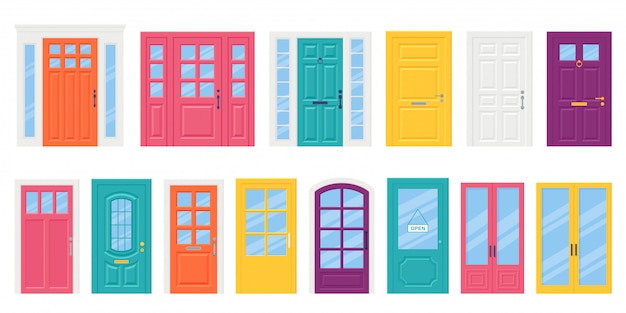 Conjunto de porta da frente, porta em estilo plano. Ilustração vetorial