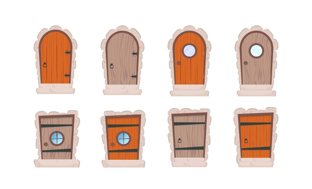Vetor conjunto de portas de madeira em estilo cartoon. elementos para o design de jogos ou casas. isolado. ilustração vetorial.