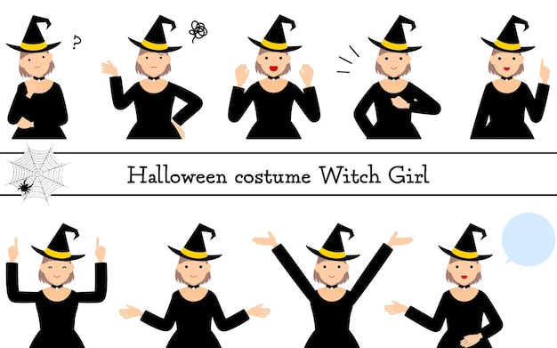 Conjunto de pose de fantasia de Halloween de uma garota em uma fantasia de bruxa falando apontando preocupante etc