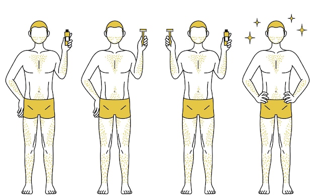 Conjunto de poses de desenho de linha de um homem que sofre de pêlos grossos segurando creme de depilação de autotratamento ou navalha