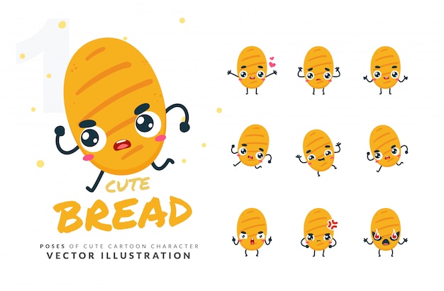 Conjunto de poses de desenhos animados de pão.